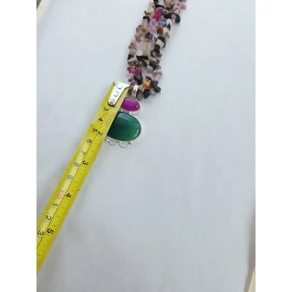 Artisan New Sterling 925 Agate Gemstone Jewel Multi Necklace Colorful Pink Green